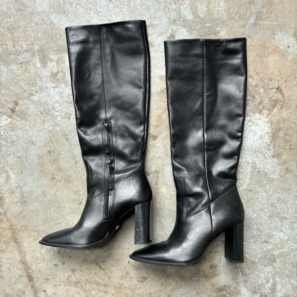 Zara Knee High Heeled Black Faux Leather Boots